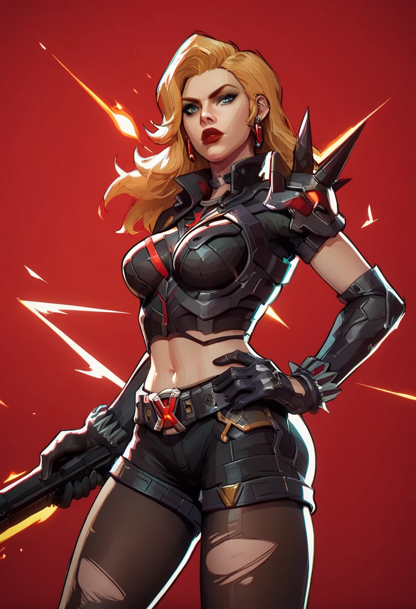 score_9, score_8_up, score_7_up, score_6_up, expressiveh, magik_rivals, 1girl, solo, cowboy shot, blonde hair, long hair, hair accessory, eyeliner, blue eyes, earrings, cropped bodysuit, black bodysuit, armor, belt, gloves, black gloves, black clothes, pauldrons, midriff, navel, short shorts, yellow details, pantyhose, ripped pantyhose, spikes, holding sword, holding weapon, huge weapon, magik sword, glowing sword, yellow sword, weapon, posing, hand on hips, simple background, simple background, geometric shapes score_9, score_8_up, score_7_up, score_6_up, expressiveh, blackwidow_rivals, 1girl, solo, cowboy shot, red hair, asymmetrical hair, headset microphone, eyeliner, blue eyes, red lips, bodysuit, black bodysuit, gloves, black gloves, forearm guns, black clothes, red details, red glow, baton_(weapon), holding weapon, sniper rifle, holding sniper rifle, huge weapon, posing, hand on hips, red sparks, red background, geometric shapes, looking at viewer, geometric pattern on background
