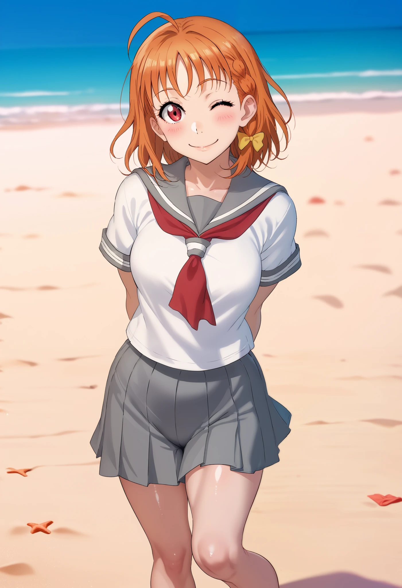 1girl, takami chika, medium hair, orange hair, standing, sporty athletic build, sharp lines, vibrant colors, breasts outlines, sexualized, RUKIA Style, shiny skin, ahoge, blush, braid, grey sailor collar, grey skirt, skirt around thighs,looking at viewer, competition swimsuit under clothes, red eyes, red neckerchief, sailor collar, serafuku, shirt, short sleeves, side braid, smile, solo, split mouth, summer uniform, uranohoshi school uniform, white shirt, yellow bow, standing on beach, playful pose, light breeze, flowing hair,  beach setting,arms behind back,one eye closed