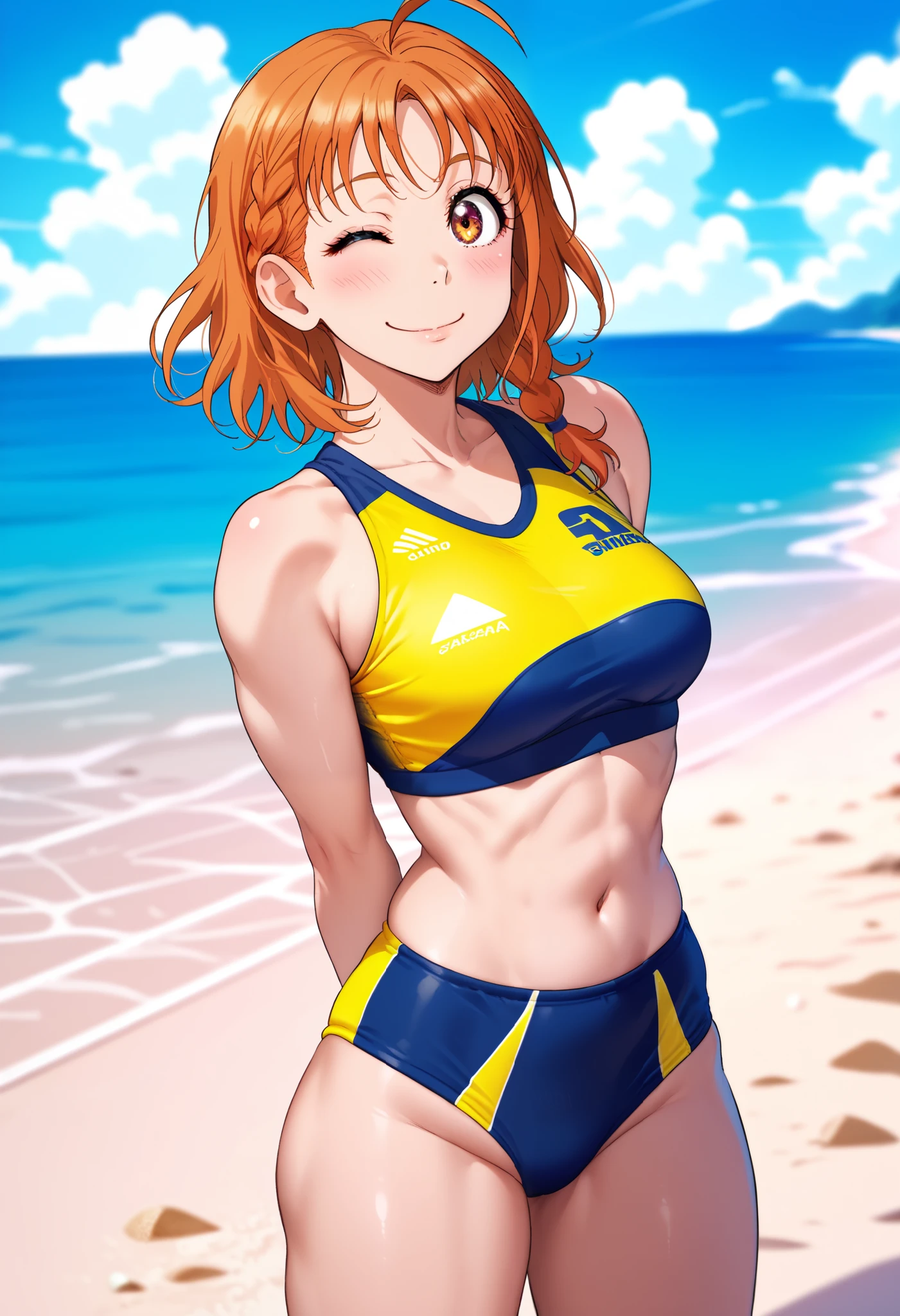 1girl, takami chika, medium hair, orange hair, standing, sporty athletic build, sharp lines, vibrant colors, RUKIA Style, ahoge, blush, braid,beach volleyball uniform, side braid, smile, solo, split mouth, standing on beach, playful pose, light breeze, flowing hair, beach setting,arms behind back,one eye closed, defined feminine muscles, sports bra, sports bikini bottom, small abs