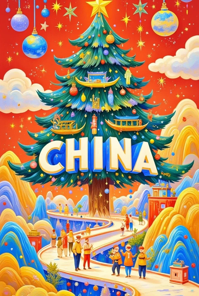 A poster with the word CHINA written on it, a red and gold gradient background, a huge Christmas tree in the background, a minimalist golden Chinese architectural design, fireworks effect, vector illustration style, flat composition, symmetrical layout, minimalist lines, high saturation, clear details, and golden clouds, rivers, mountains, bridges, lanterns, firecrackers, fireworks, lion dances, dragon dances, etc, exquisite details, delicate textures, exquisite colors, festive atmosphere, very festive atmosphere of the Chinese New Year.