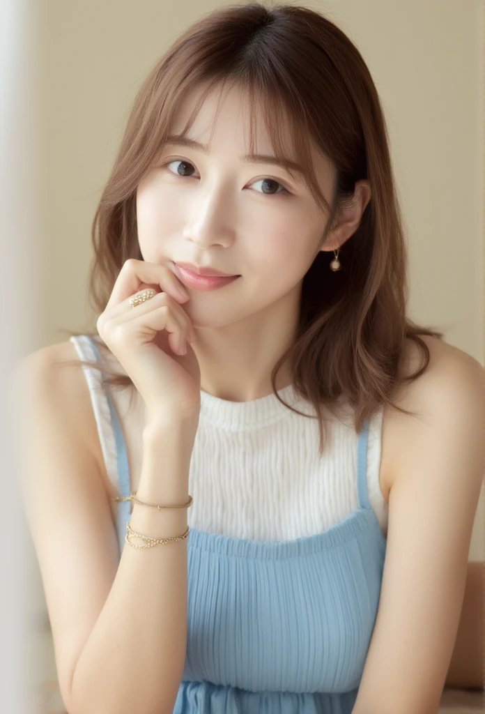 Cute East-Asian woman, medium-length light brown hair, natural makeup, smiling softly, striking a thoughtful pose with hand on chin, wearing a sleeveless blue dress over a white ribbed top, delicate bracelet, simple light beige background, casual and stylish look, soft natural lighting, high-quality portrait