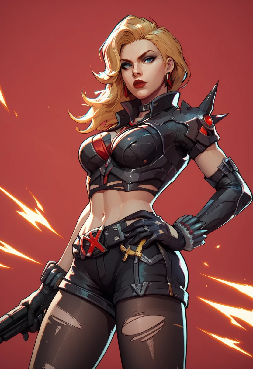 score_9, score_8_up, score_7_up, score_6_up, expressiveh, magik_rivals, 1girl, solo, cowboy shot, blonde hair, long hair, hair accessory, eyeliner, blue eyes, earrings, cropped bodysuit, black bodysuit, armor, belt, gloves, black gloves, black clothes, pauldrons, midriff, navel, short shorts, yellow details, pantyhose, ripped pantyhose, spikes, holding sword, holding weapon, huge weapon, magik sword, glowing sword, yellow sword, weapon, posing, hand on hips, simple background, simple background, geometric shapes score_9, score_8_up, score_7_up, score_6_up, expressiveh, blackwidow_rivals, 1girl, solo, cowboy shot, red hair, asymmetrical hair, headset microphone, eyeliner, blue eyes, red lips, bodysuit, black bodysuit, gloves, black gloves, forearm guns, black clothes, red details, red glow, baton_(weapon), holding weapon, sniper rifle, holding sniper rifle, huge weapon, posing, hand on hips, red sparks, red background, geometric shapes, looking at viewer, geometric pattern on background
