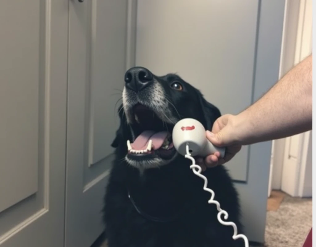 Put the word "Hello, this is dog." on top, and "Merry Christmas" at the bottom. Dog wears a Santa hat while talking on the phone. A hand holding the phone for the dog. 