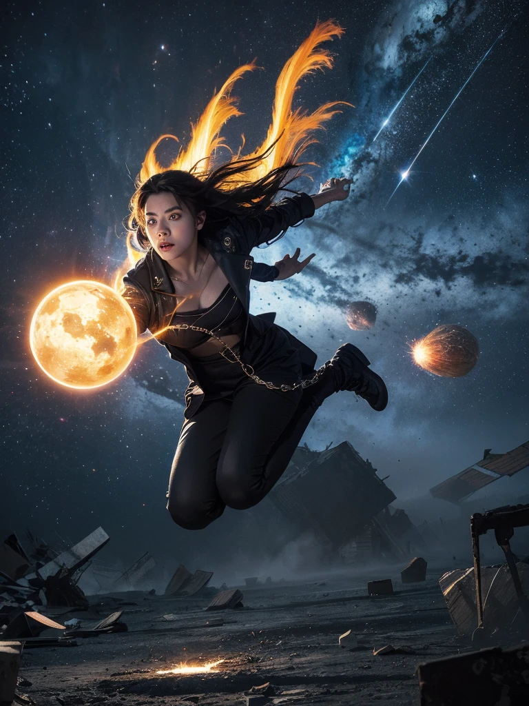 "A dramatic scene of futuristic woman in exotic glowing in mid-air above a shattered Earth, surrounded by glowing debris, energy blasts, and a dark cosmic backdrop." 