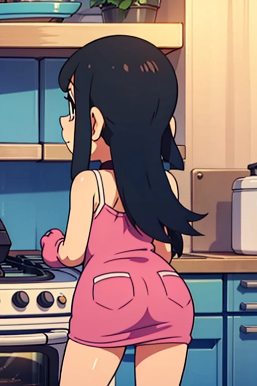 <lora:BluetheboneArtist-13:1.2>  ,  bluetheboneaistyle, flat colors,1990s \(style\), 
1girl, sexy white apron, [black|purple] hair, [grey|purple] eyes,  from behind, pov, from below, looking at viewer, surprised, open mouth, (fisheye lens:1.3), gigantic breasts, narrow waist, large hips, mole, kitchen,