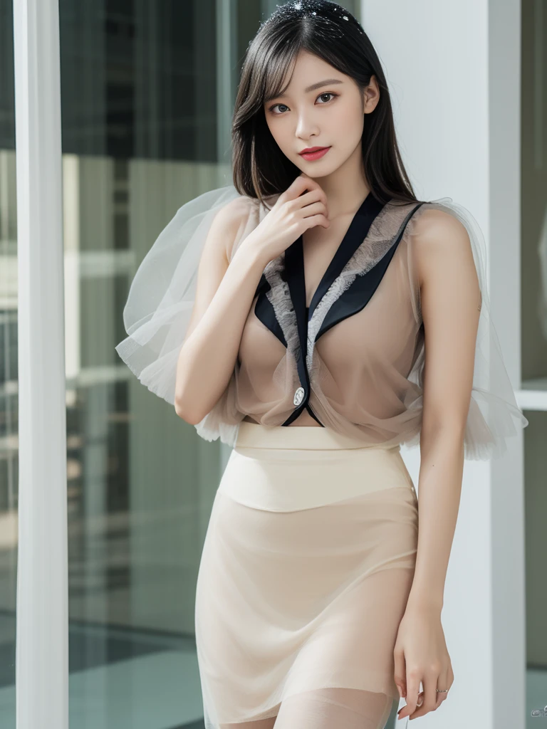 Clear pubic bone contour,Wider crotch,separate,huge,huge,Have a distinct vulva shape,crack,see through transparent clothes。Casual hairstyle,Real-world scenarios,Real character skin,shopping mall department store,High-end jewelry store,splendid decoration,Brilliantly lit,Focus on people,Show your whole body as much as possible,any camera angle,blur background,Very detailed details,More detailed finger details,beautiful hands,complete finger