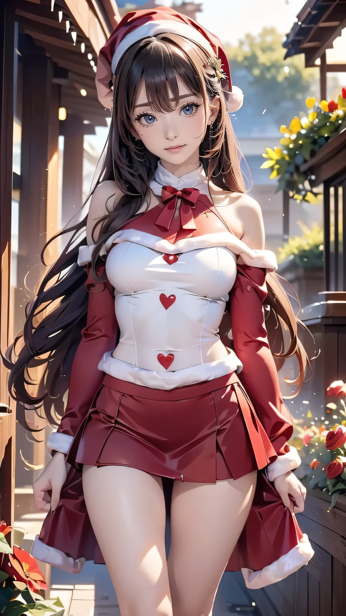 (Wonderful and exquisite Mayu Shiina), Beautiful detailed brown eyes , Long Golden Hair、 One Girl , Extremely Delicate , Straight face, incomparably beautiful girl with excellent estimates, soft, (Functional), (Naughty), (Cute), Delicate face, Bright lips, A shy and lewd smile, (Santa's Red Pointy Hat )、((Santa's Red Off Shoulder Dress ))、 The shape of an erect nipple stands out、 ( red long boots)、( small butt), ((Big Breasts)), (((:1.15)))、(((lim figure))),((( very thin and beautiful thighs)))、(Very slim and beautiful waist), (Long, slender legs)、((( School garden with colorful flowers )))、4K, super high resolution , (masterpiece, best quality), ( Beautiful Finely Painted Eyes ), ( Beautiful Detailed Face), shortness of breath, excited expression,Estrus season, no panties 、 (Tighten up your skirt and show me a pussy dripping with love juice:1.6)、 composition from the front, full body portrait from head to toe