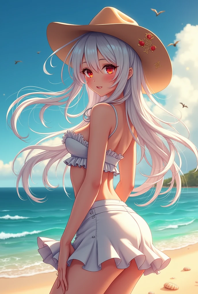 (Vulgar,nsfw),silver blue hair,((s and back focus,looking back)),
(skirt lift,very windy),(beautiful elegant white pantry low angle,from below),((masterpiece, highest resolution,best quality)), (beautiful illustration), ((Kamisato Ayaka in Genshin Impact)), ((semi long beautiful silver blue hair,blunt bangs,pony tail,beautiful blue eyes)),(solo),(beautiful elegant office blouse and black skirt,skirt lifted by the wind),(looking at the viewer), (walking around the beach,),
(innocent smile, Embarrassed),(white over-kneehighs,Lace chalker, wristband, fingerless gloves, over-kneehighs,
Lace chalker, diamond necklace,wristband, fingerless gloves, earrings), (cinematic lighting, very windy),beach, sand, blue sky, waves, coconut tree,fish,boat,sea gull,(from the ground),(beautiful elegant Underwear patterns),