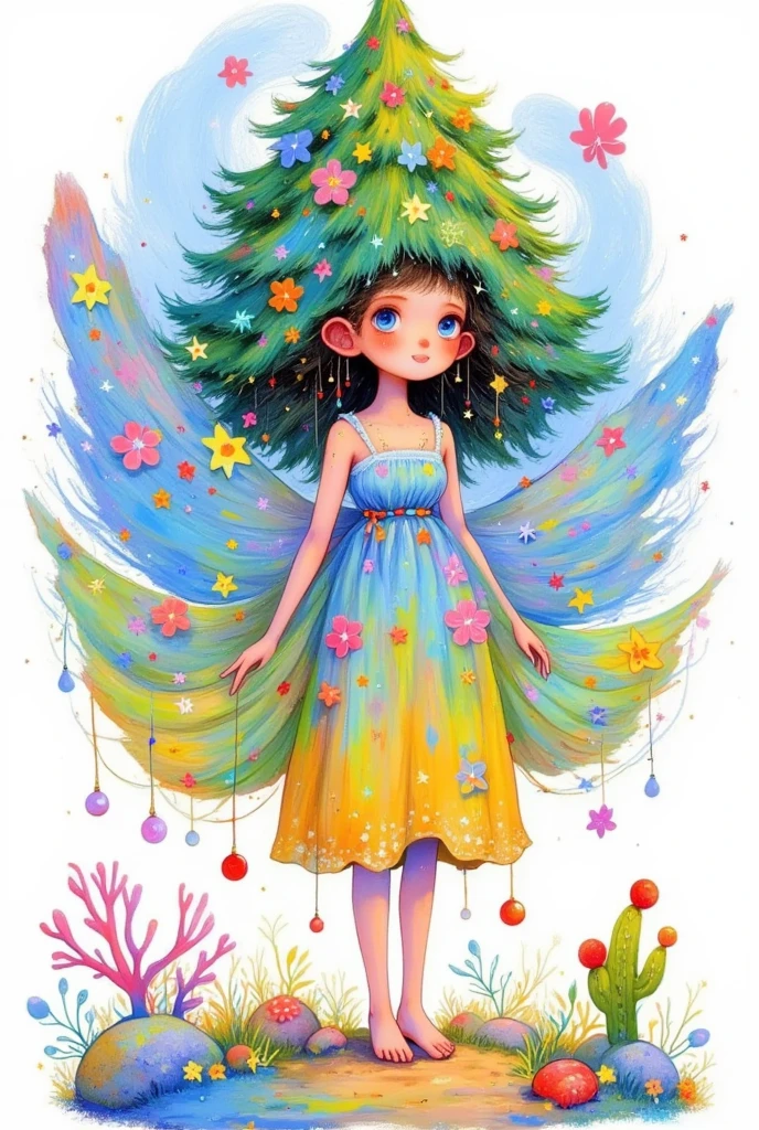 there is a cartoon girl with a christmas tree on her head, a digital painting by JoWOnder, pixiv contest winner, process art, jen bartel, magical tree, seasons!! : 🌸 ☀ 🍂 ❄, colorfull illustration, a beautiful artwork illustration, with a tall tree, christmas tree, magic tree, fairy-tale illustration style, lady with glowing flowers dress