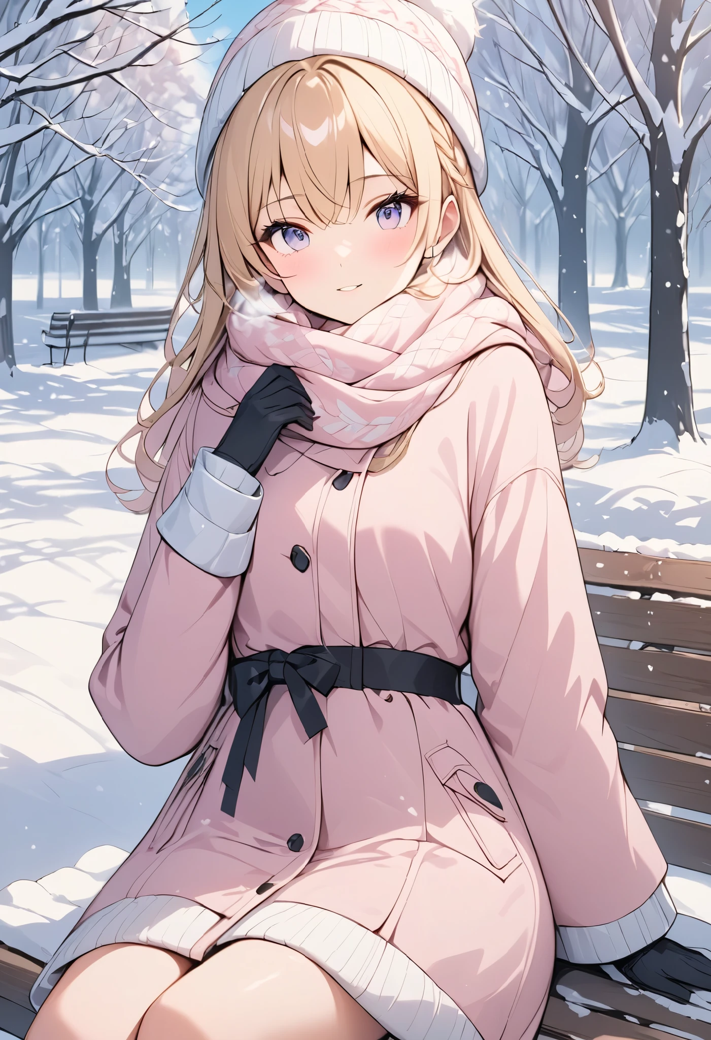 (((Best quality, 8k, Masterpiece: 1.3)), ((best quality)), ((masterpiece)), (detailed), perfect face, perfect body, (detailed skin:1.3), (intricate details), A blonde-haired woman wearing a fluffy pink coat, sitting on a wooden bench in a snowy winter setting. She is also wearing a knitted hat, scarf, and gloves, exuding warmth and comfort in her stylish attire. Her breath is visible in the frosty air as she gazes at the peaceful snowy surroundings. Snowflakes gently fall around her, and the ground is blanketed in a soft layer of fresh snow. The bench is set in a serene park, with snow-covered trees and a tranquil atmosphere. The soft pink of her coat contrasts beautifully with the white snow, adding a touch of warmth to the chilly scene