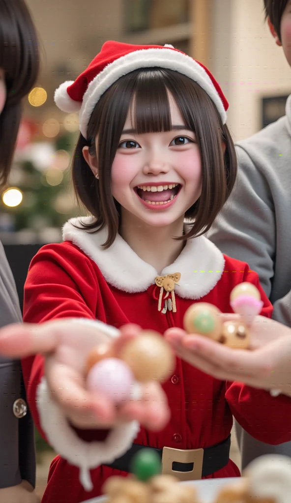 A girl is cosplaying Santa Claus、(((Santa Claus without a single tooth:1.2、Missing teeth、Teeth full of cavities :1.37、Missing teeth)))、Christmas Meme 、 Santa Claus handing out sweet treats、(((Santa Claus without a single tooth:1.2、Missing teeth、Teeth full of cavities :1.37、Missing teeth)))、 and laugh