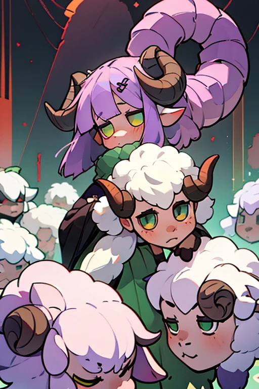 goat girl , anthro,  wild goat, female goat ,  plump body , break, white goat head, ( purple hair), Straight bangs,  Trimmed Back Hair,  green eyes, White body, (spiral black goat horn),  white goat ears , Fluffy, Bored expression,  zitoida,  face forward, break, spiral stage, Red Light Shining Inside 