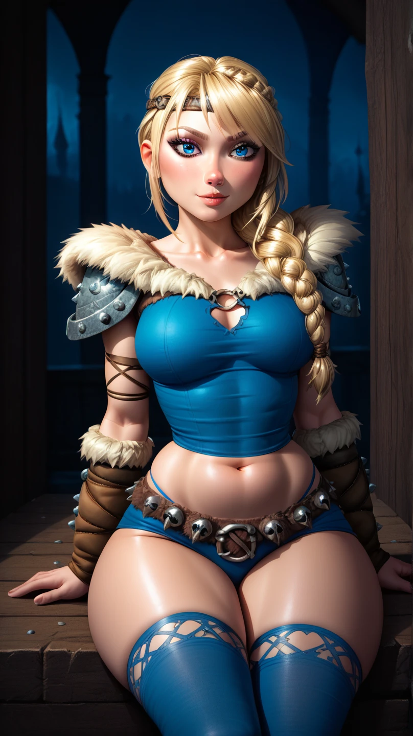  masterpiece,  high quality ,  best quality ,   sexy lingerie and stockings  , dark theme, Blue theme,  perfect face,  expressive eyes ,   Astrid Hofferson , 1 girl,  alone, Blonde hair, (single_Braid:1.3),  blue eyes , armor, ( big-breasted panties,  singleเฉียบ ,  Sexy Open Belly Neckline :1.2), V-cut , Plump, zettai ryouiki,  Wide Hips , Big thighs, depth of field, sit, ท่าโพสsitย่อง,  Viking village , nighttime, dark, darkness, moonlight