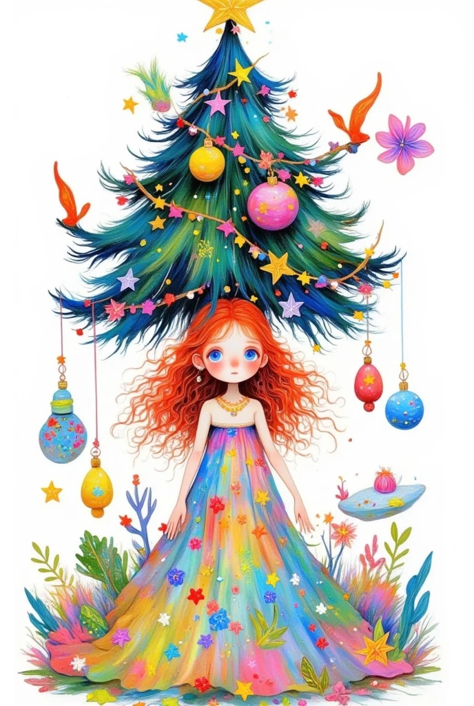 there is a cartoon girl with a christmas tree on her head, a digital painting by JoWOnder, pixiv contest winner, process art, jen bartel, magical tree, seasons!! : 🌸 ☀ 🍂 ❄, colorfull illustration, a beautiful artwork illustration, with a tall tree, christmas tree, magic tree, fairy-tale illustration style, lady with glowing flowers dress