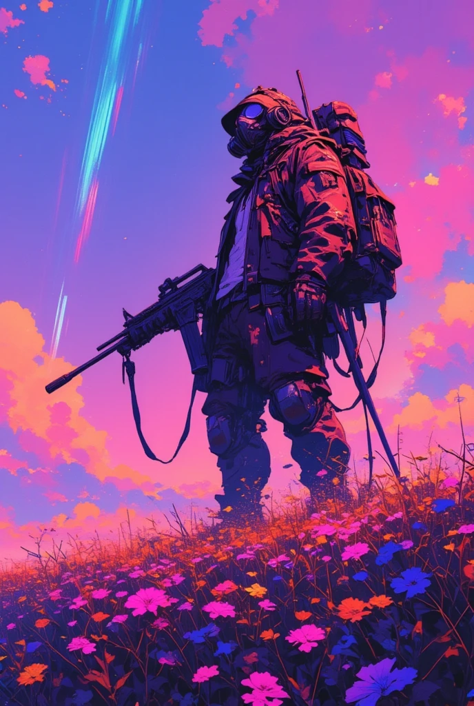   Man in a gas mask with a machine gun in a field of flowers ,Aurora in the sky ,Cyberpunk Art by Mike "Beeple" Shopman , amazing realism, retro punk nature wave defender, masterpiece      Spectacular Retrowave Art , 2009 SF8K movie synthwave art style , Spectacular Retrowave Art    