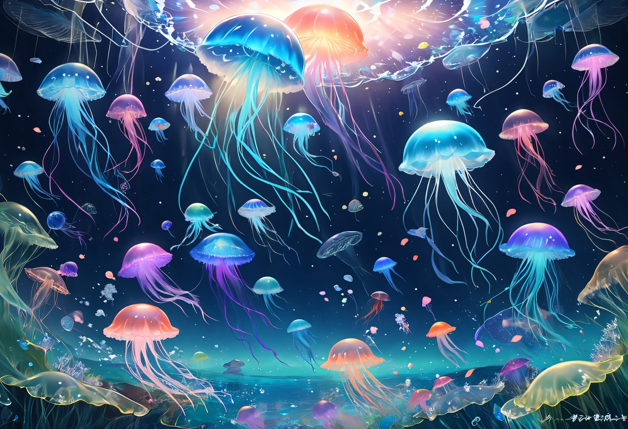 水にはたくさんのJellyfishが浮かんでいる、 concept art：Jan J,  trending on pixiv ,  magical realism , 宇宙Jellyfish, Jellyfish, Jellyfishの神, サイバーパンクJellyfish, Jellyfish dancing, 発光するJellyfish, Jellyfish, Jellyfishes, 生物発光するJellyfish, Jellyfish要素s,  Whale in the Sky , Jellyfish要素