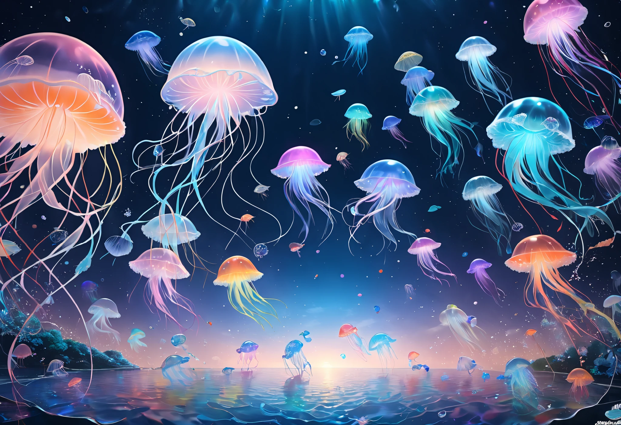 水にはたくさんのJellyfishが浮かんでいる、 concept art：Jan J,  trending on pixiv ,  magical realism , 宇宙Jellyfish, Jellyfish, Jellyfishの神, サイバーパンクJellyfish, Jellyfish dancing, 発光するJellyfish, Jellyfish, Jellyfishes, 生物発光するJellyfish, Jellyfish要素s,  Whale in the Sky , Jellyfish要素