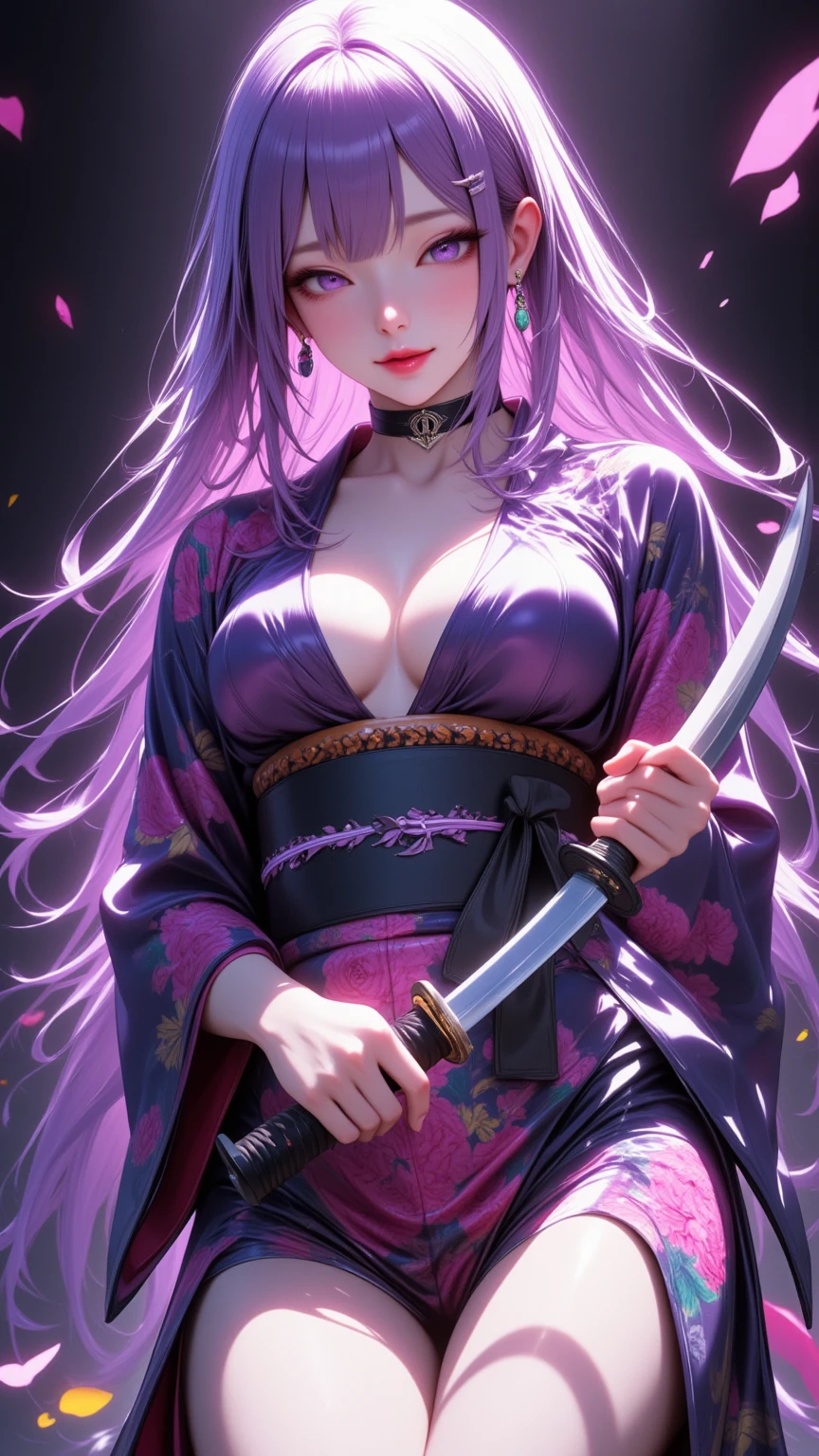  Young Beautiful Woman,(masterpiece:1.3, top quality :1.3, very detailed depiction:1.3, Incredibly Absurd Hi-Res),（Flower Girl Wearing A Japanese Style Yukata ）,(High-quality yukata, bodystocking ,geta),(Purple Eyes,, Half Closed Eyes, is opening her mouth, bewitching smile, Glossy Lipstick,Beautiful legs, healthy legs,Seductive gestures), full body image :2.0, dramatic lighting , spotlight with two curved swords,