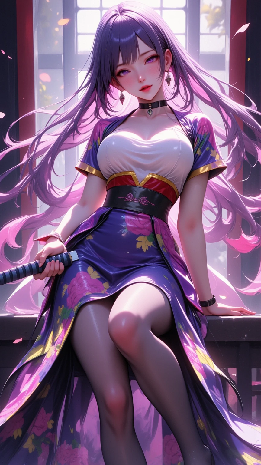  Young Beautiful Woman,(masterpiece:1.3, top quality :1.3, very detailed depiction:1.3, Incredibly Absurd Hi-Res),（Flower Girl Wearing A Japanese Style Yukata ）,(High-quality yukata, bodystocking ,geta),(Purple Eyes,, Half Closed Eyes, is opening her mouth, bewitching smile, Glossy Lipstick,Beautiful legs, healthy legs,Seductive gestures), full body image :2.0, dramatic lighting , spotlight with two curved swords,