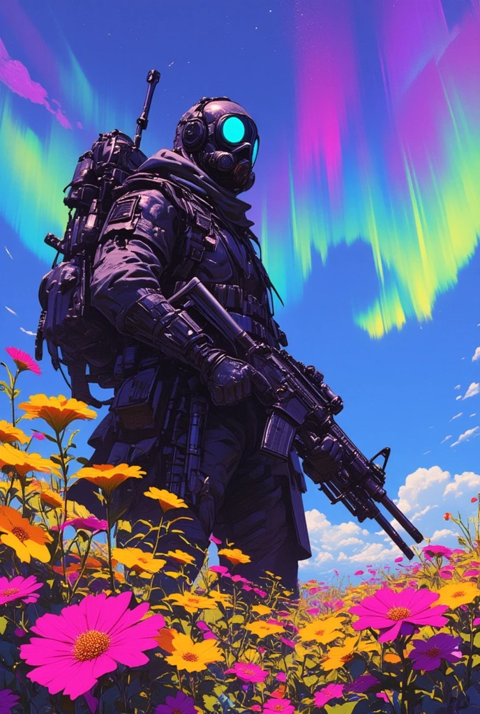   Man in a gas mask with a machine gun in a field of flowers ,Aurora in the sky ,Cyberpunk Art by Mike "Beeple" Shopman , amazing realism, retro punk nature wave defender, masterpiece      Spectacular Retrowave Art , 2009 SF8K movie synthwave art style , Spectacular Retrowave Art    