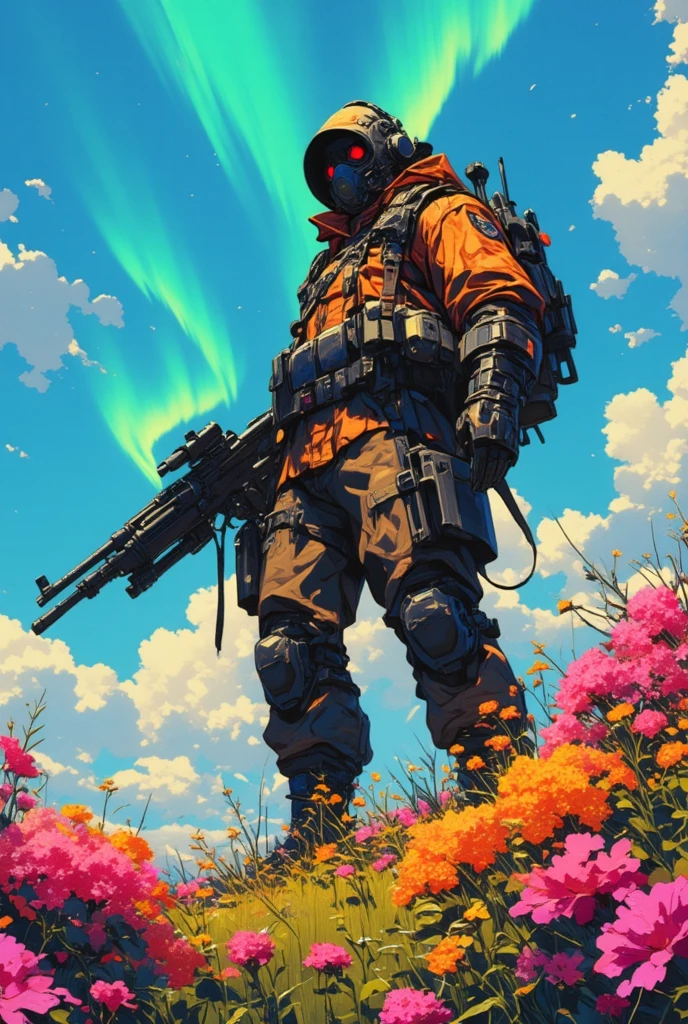   Man in a gas mask with a machine gun in a field of flowers ,Aurora in the sky ,Cyberpunk Art by Mike "Beeple" Shopman , amazing realism, retro punk nature wave defender, masterpiece      Spectacular Retrowave Art , 2009 SF8K movie synthwave art style , Spectacular Retrowave Art    