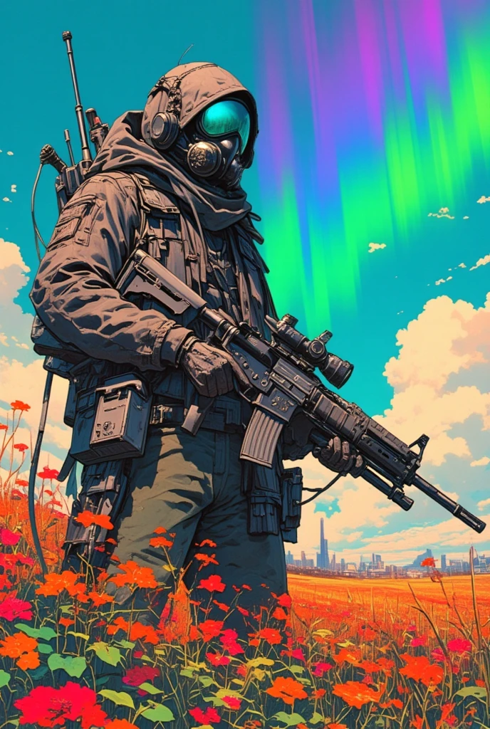   Man in a gas mask with a machine gun in a field of flowers ,Aurora in the sky ,Cyberpunk Art by Mike "Beeple" Shopman , amazing realism, retro punk nature wave defender, masterpiece      Spectacular Retrowave Art , 2009 SF8K movie synthwave art style , Spectacular Retrowave Art    