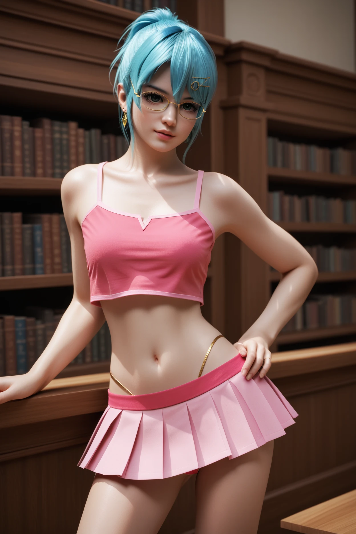 nico, score_9, score_8_up, score_7_up, zPDXL3, (CyberRealistic_Negative_PONY), (pink one-shoulder crop top, micro skirt, thong, golden earrings, glasses), (sexy), (she is in the library)