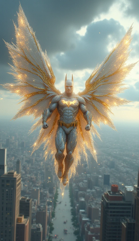 High Resolution, Masterpiece, Award Winning, Batman glitter white and golden colour costume realistic shining and fly in sky 