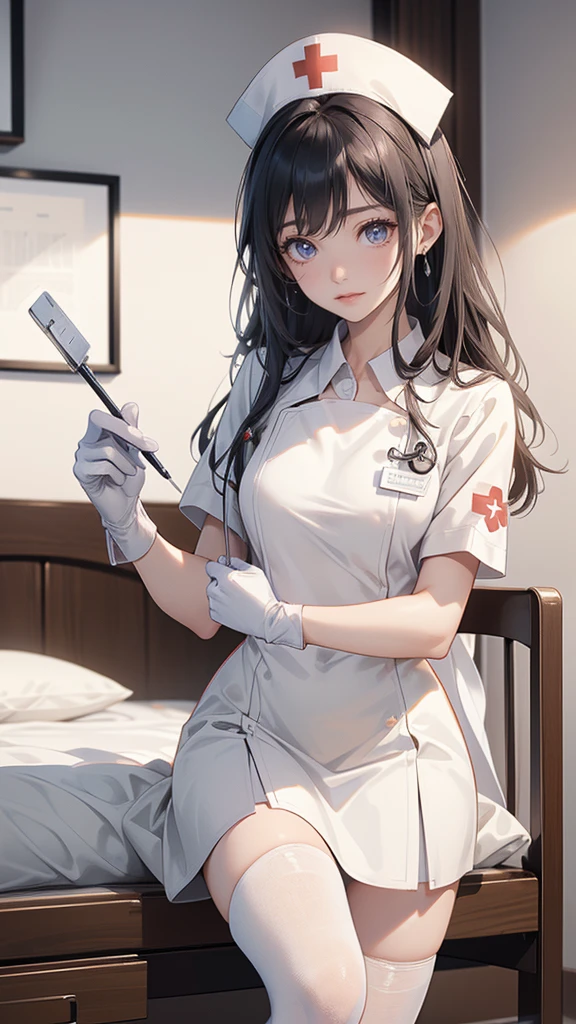 ((  Masterpiece , 最 High Quality ,  High Quality )), one girl,  Beautiful Mature Woman ,(hospital), clinic (nurse_uniform_length_3, Gloves, nurse cap, nurse,White pantyhose ,stethoscope ), Erotic , excited , small breast