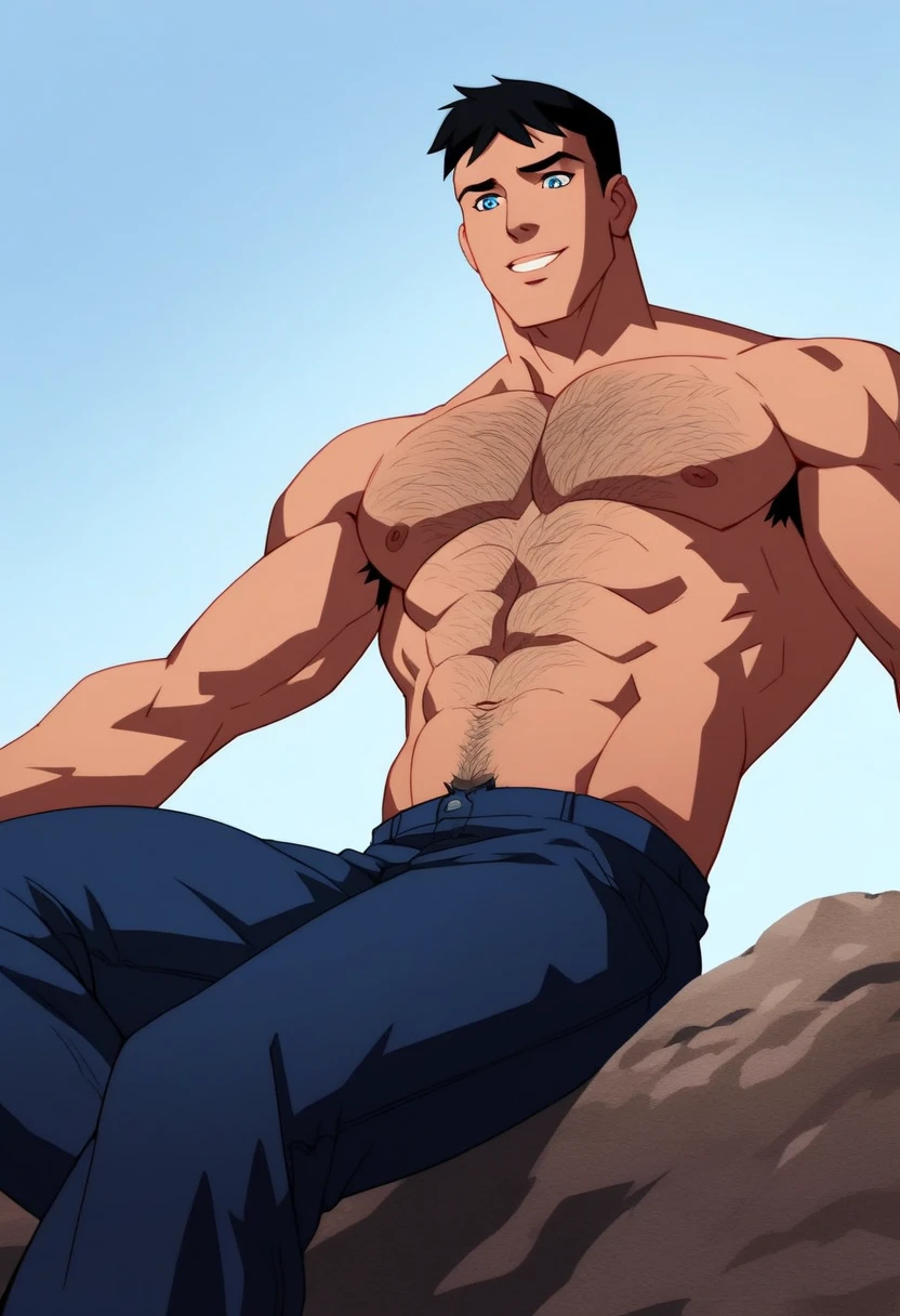 ASCIIscore_9, score_8_up, score_7_up, source_cartoon, 1boy, solo, superboy, smile, exposed pectorals, (hairy chest:1.1), blue eyes, looking down, black hair, blue jeans, outside, sitting on a rock, sky background, 4k, masterpiece, from below, manly, virile