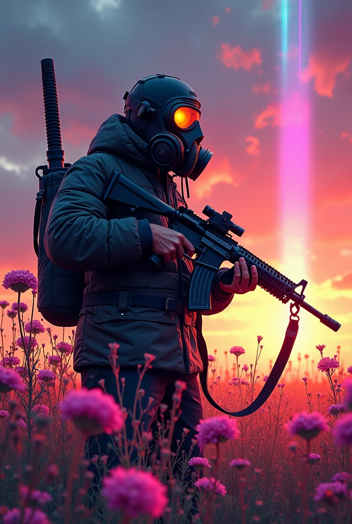   Man in a gas mask with a machine gun in a field of flowers ,Aurora in the sky ,Cyberpunk Art by Mike "Beeple" Shopman , amazing realism, retro punk nature wave defender, masterpiece      Spectacular Retrowave Art , 2009 SF8K movie synthwave art style , Spectacular Retrowave Art    