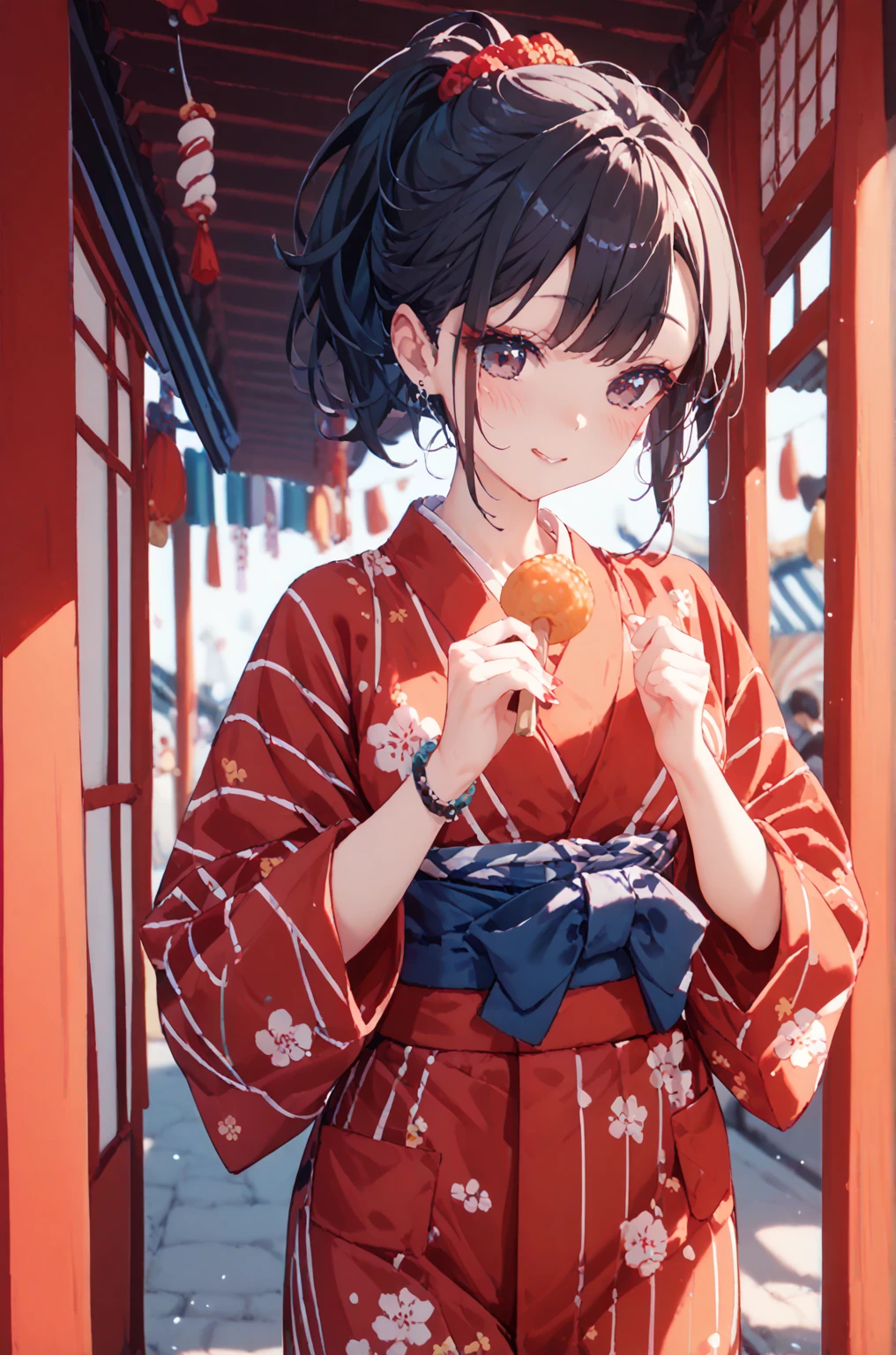 Bright red summer yukata 　 Adult female　 Dark Eyes　  black hair　  Japanese fall festival looking at food stalls on the road to the shrine 　full body portrait　　  sex toy for small breasts  　  ponytail　Here it is　  cute pose