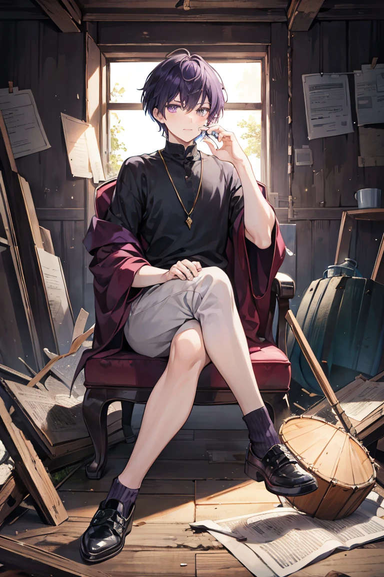 A dark purple short-haired wizard man is sitting with his foot thrown over a drum in an abandoned house