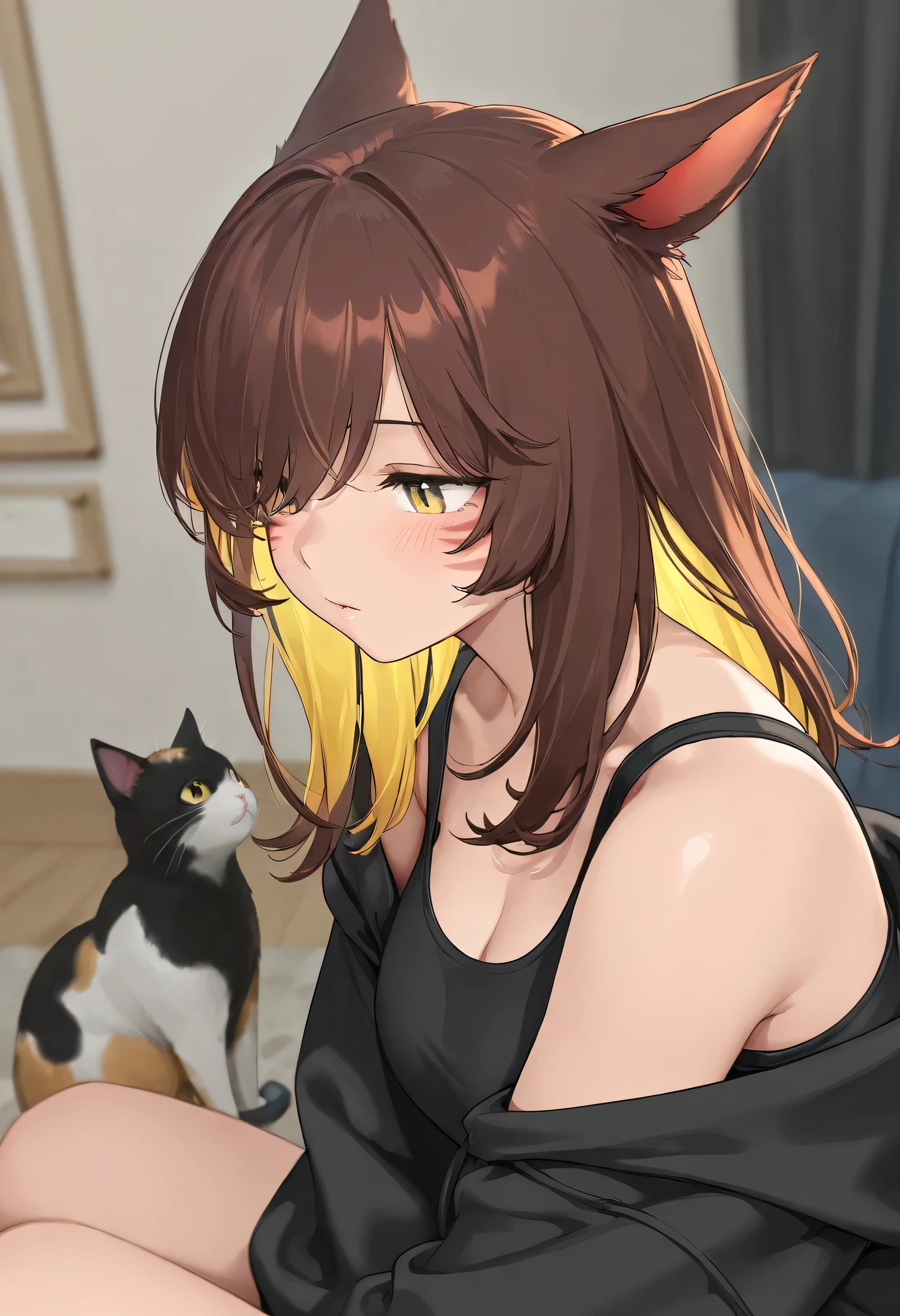 masterpiece,1girl, colored inner hair Brown hair Yellow hair, cat_ears, Black oversized hoodie,  inner tank top , Hair on one eye, Long hair tips, Miqo'te