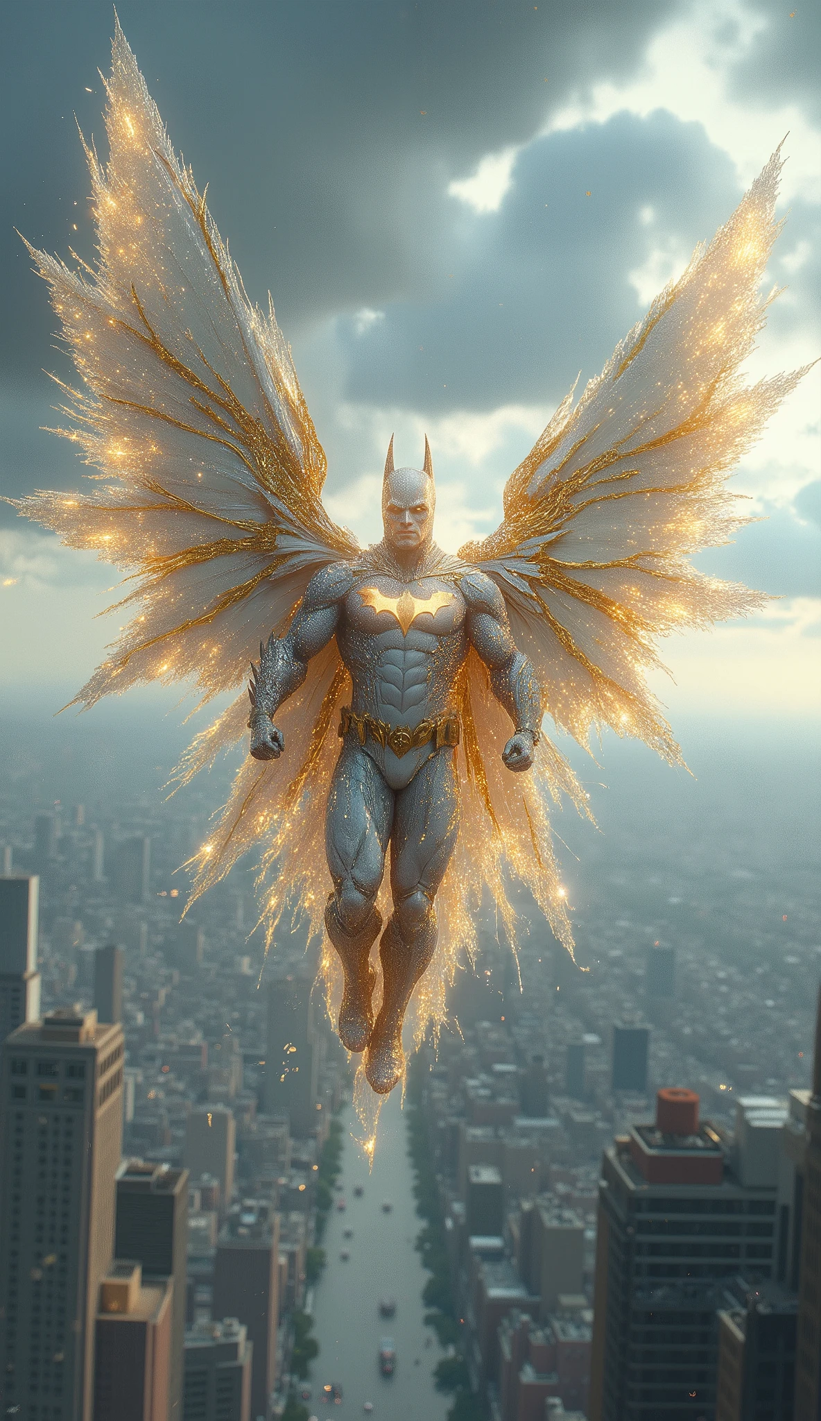 High Resolution, Masterpiece, Award Winning, Batman glitter white and golden colour costume realistic shining and fly in sky 