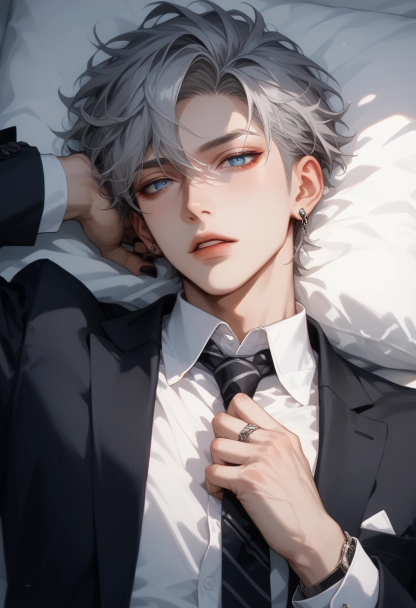 (score_9, score_8_up), score_7_up, short hair, shirt, grey hair, 1boy, jewelry, jacket, white shirt, upper body, male focus, earrings, lying, parted lips, necktie,focus, collared shirt, on back, nail polish, black jacket, suit, black nails, black necktie, out of frame, blue eyes , adjusting necktie 