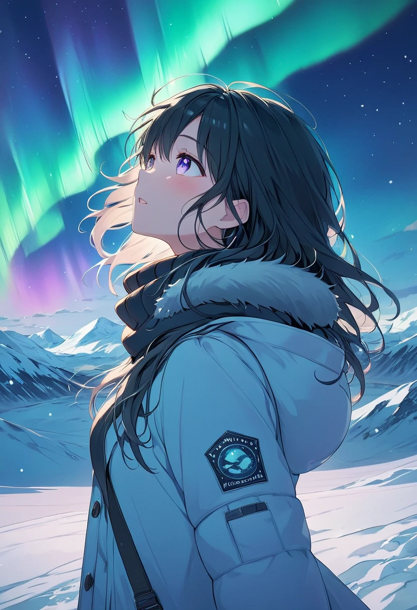 (((Best quality, 8k, Masterpiece: 1.3)), ((best quality)), ((masterpiece)), (detailed), perfect face, perfect body, (detailed skin:1.3), (intricate details), A 20-something French woman enjoying a trip to the Nordic regions, standing under a breathtaking aurora borealis in the night sky. She has shoulder-length dark hair and is wearing a stylish winter outfit, including a warm parka, scarf, and gloves, perfect for the chilly Arctic weather. The vibrant green and purple colors of the aurora illuminate the snow-covered landscape, creating a dreamlike and magical atmosphere. She looks upward in awe, her face softly lit by the shimmering lights. The scene includes a snowy expanse, distant mountains, and a small wooden cabin glowing faintly in the background, adding a cozy touch to the vast wilderness