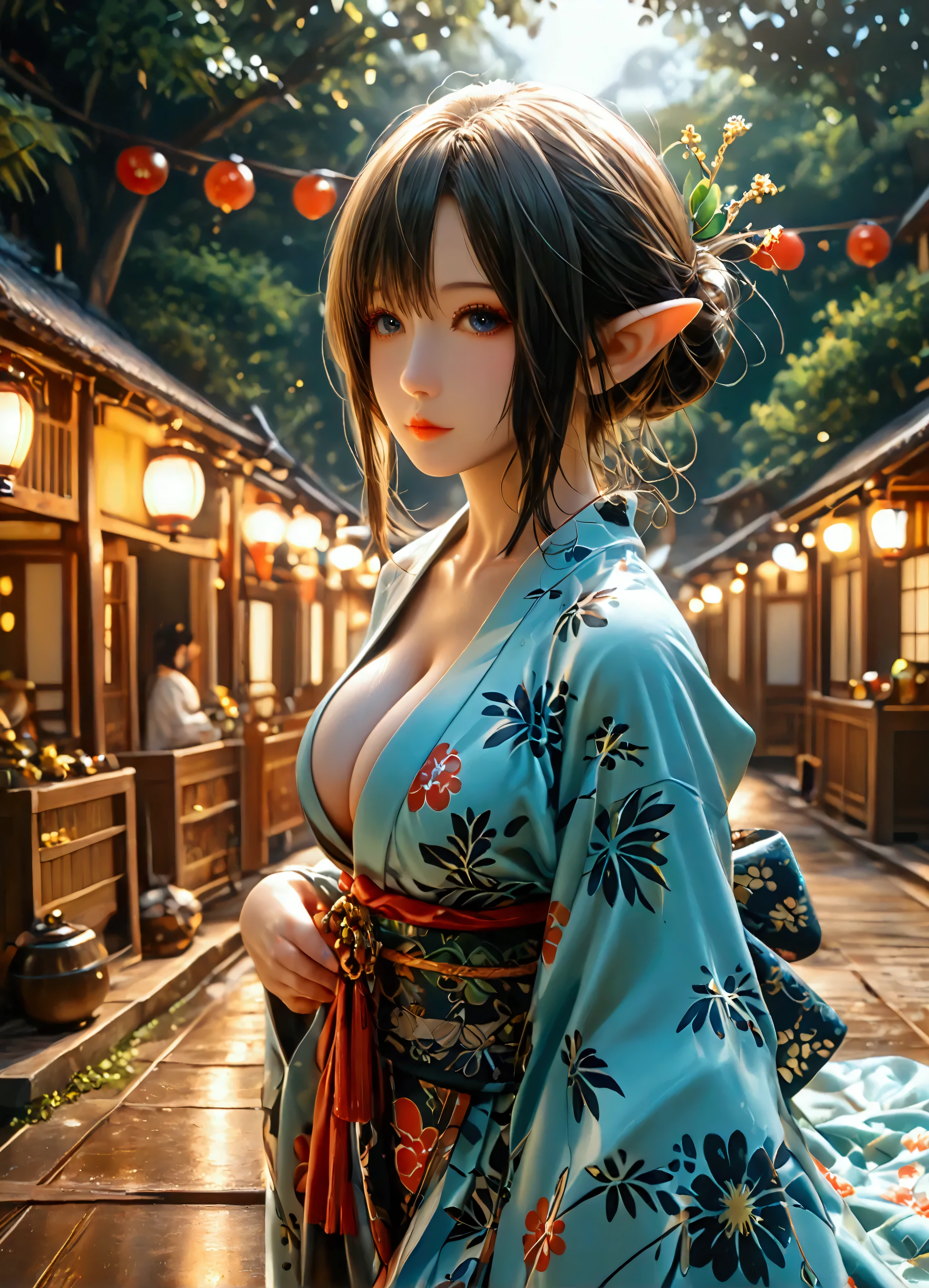 (8k, top quality, Masterpiece , Final Fantasy Style: 1.2),Atmospheric perspective, 8K, Very detailed, Accurate, Highest quality, masterpiece, Very detailed,Sharp focus, High resolution, accurate hand expression, fullbody shot of a female elf, very humid summer night, Complex Light, ,Japan's Bon Odori Festival, many stalls ,, (fullbody:1.5),, (:1.3), Complex, Narrow Face, elegant, wearing a Japanese traditional Yukata, informal summer kimono,, ((large breasts:1.2), (huge breasts:1.2), (Uplifted and well-defined bust:1.2), (lifted chest:1.2), (perky breasts :1.2),(deep cleavage:1.4),()) and a huge waist, (sexy long legs, whole body picture:1.5), (:1.5)), To the camera, Very detailed, Digital Painting, Art Station, Concept Art, Smooth, Sharp focus, figure, ArtJam, Greg Rutkowski, Art by Alphonse Mucha, 8K, Volumetric Fog, bloom, light, lumen, Crank blur