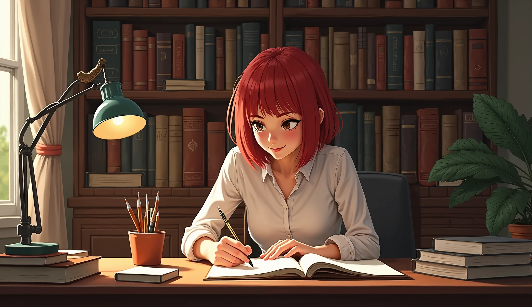 There is a woman sitting at a desk with a book and pen - SeaArt AI