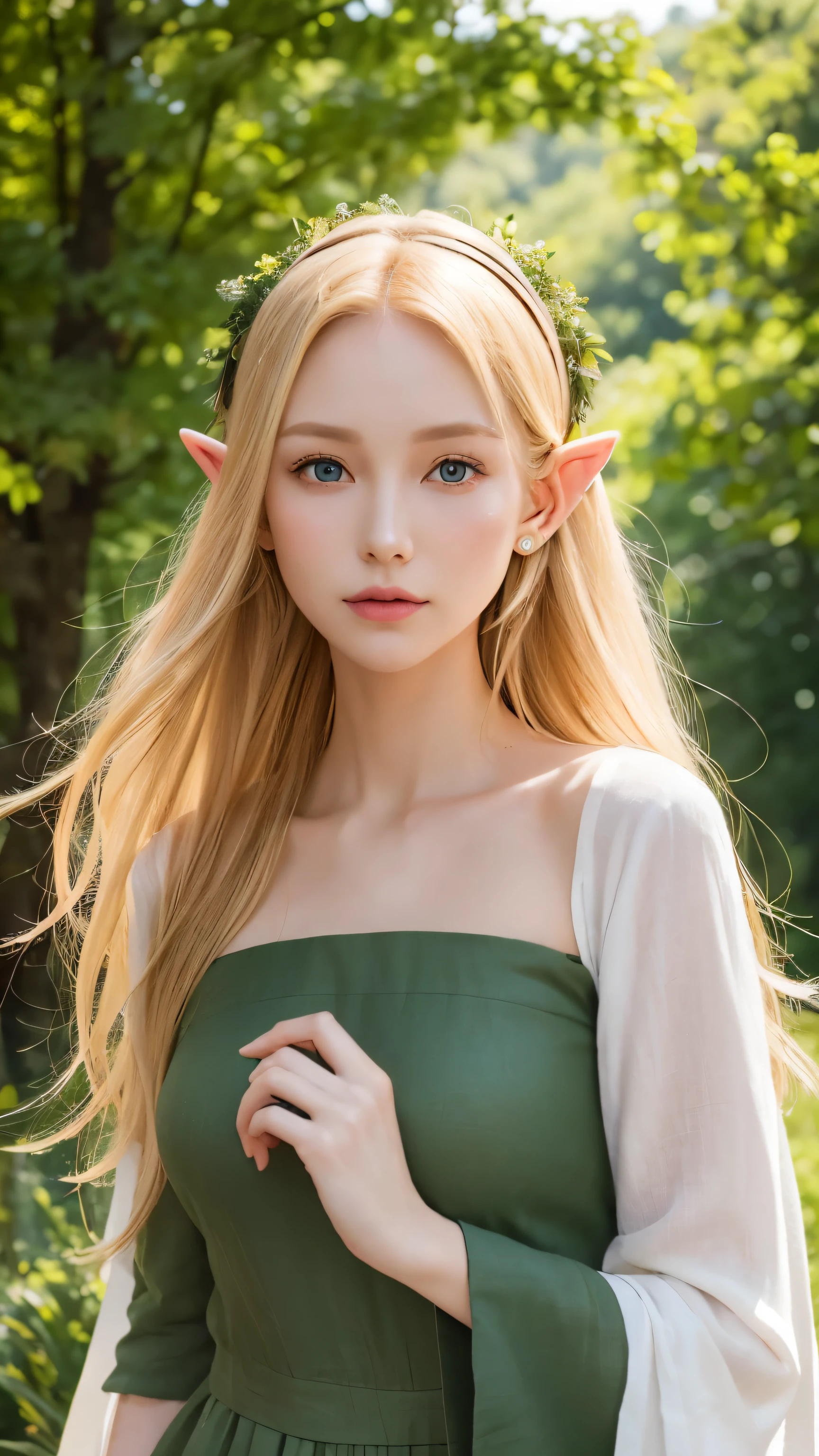 full upper body, so huge breasts, elf woman in a green dress, green bright eyes, 1girl, white skin, diamond face shape, Hot topics on artstation, Fantasyart, portrait of an elf queen, Belle peinture de personnage, Stunning character art, Epic and beautiful character art, blond-haired princess, medieval princess, fairy queen, fantasy art style, cinematic lighting, masterpiece, accurate, anatomically correct, textured skin, super detail, high details, highres, 8k, grass field backround