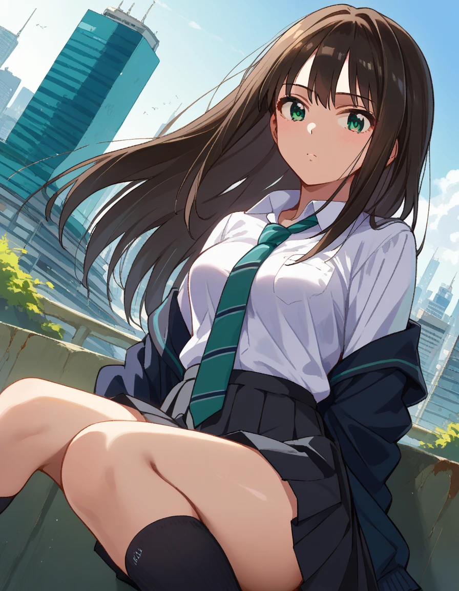  Ultra Realistic Photo  、  RAW photo 、  realism 、  3d rendering、 Unity Engine 、(1young girl,yorinshibuya , Rin Shibuya,  black hair,  green eyes,  long hair,medium breasts:1.2,black  skirt, black socks, collared  shirt, green  ties,  knee-high,  Long Sleeve , mini skirt,  ties, pleated  skirt,  school uniform,  shirt,  skirt, socks,  stripe ,  stripe   ties, white  shirt,  wing color ),break アウトドア, cityscape, is watching viewers,  Dutch Angle,breast shot, break ()