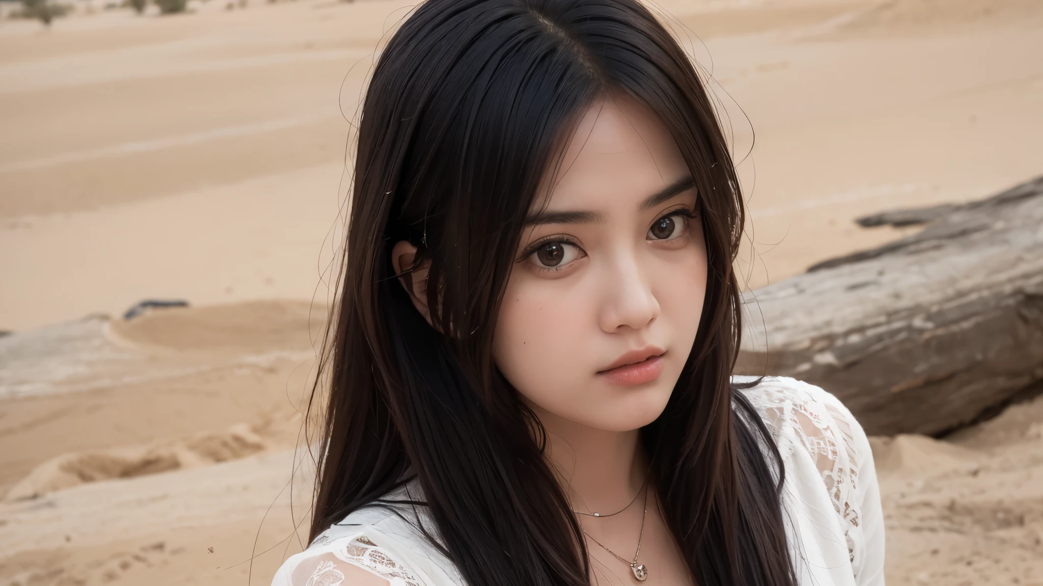 1girl, look sad, black hair, parted lips, highres, brown eyes, brown hair, look sad, from side, solo, lace trim, parted lips, lips, long hair, looking at viewer, natural face, necklace, nose, outdoor, in desert, realistic, desert, solo, portrait, upper body, 32k, high detail, masterpiece, cover art, center, beside