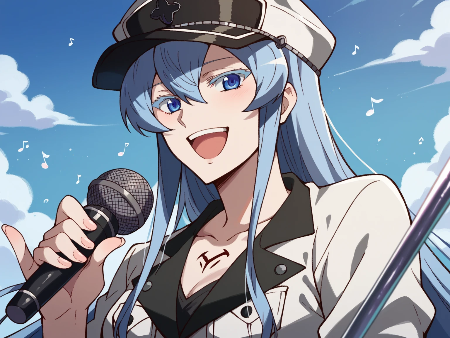 Esdeath,1girl,long hair, holding microphone, singing, happy, upper body shot, looking at viewer, swim suit, peaked cap