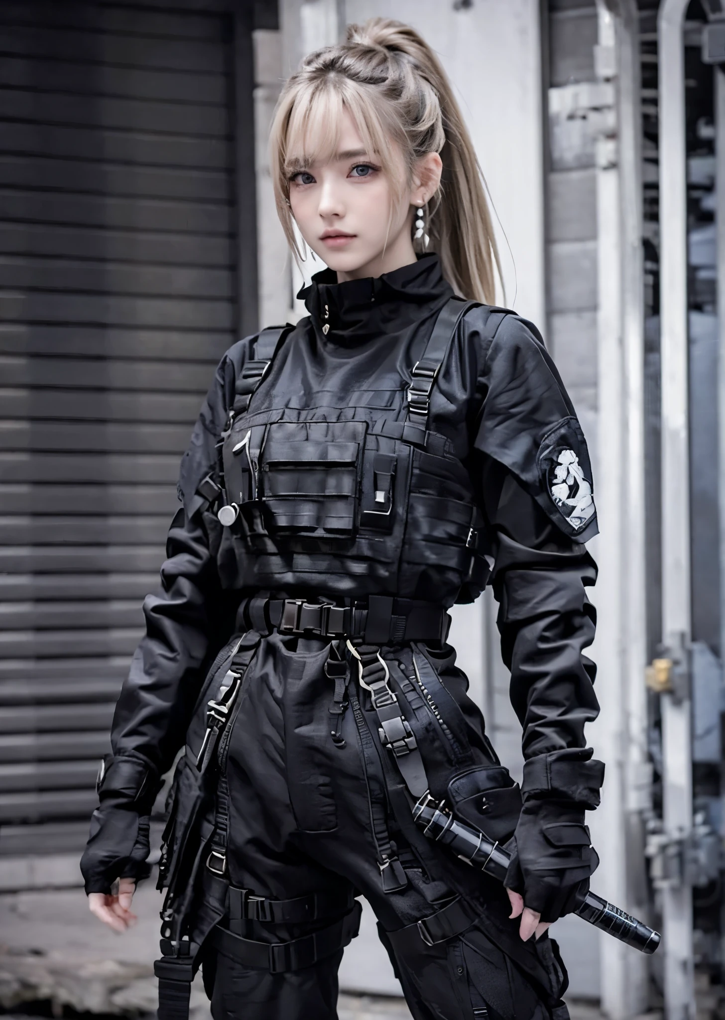 ( masterpiece, abstract set, high resolution Detailed details )  1 person, wavy blonde hair, adult, blue eyes, ponytail, beautiful face, cute , military kit has various equipment ,Carrying a machine gunSMG , eyes and Detailed face Anatomically accurate earrings have been praised many times, the best quality, high detail, realistic texture, super high definition., Full image standing slightly apart legs , behind it is an urban community , Cowboy Camera Angle, Hair clip, 