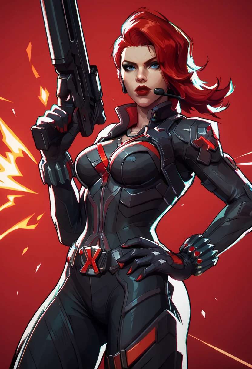 score_9, score_8_up, score_7_up, score_6_up, expressiveh, blackwidow_rivals, 1girl, solo, cowboy shot, red hair, asymmetrical hair, headset microphone, eyeliner, blue eyes, red lips, bodysuit, black bodysuit, gloves, black gloves, forearm guns, black clothes, red details, red glow, baton_(weapon), holding weapon, sniper rifle, holding sniper rifle, huge weapon, posing, hand on hips, red sparks, red background, geometric shapes, looking at viewer, geometric pattern on background
