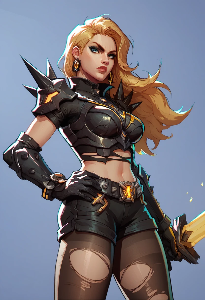 score_9, score_8_up, score_7_up, score_6_up, expressiveh, magik_rivals, 1girl, solo, cowboy shot, blonde hair, long hair, hair accessory, eyeliner, blue eyes, earrings, cropped bodysuit, black bodysuit, armor, belt, gloves, black gloves, black clothes, pauldrons, midriff, navel, short shorts, yellow details, pantyhose, ripped pantyhose, spikes, holding sword, holding weapon, huge weapon, magik sword, glowing sword, yellow sword, weapon, posing, hand on hips, simple background, simple background, geometric shapes
