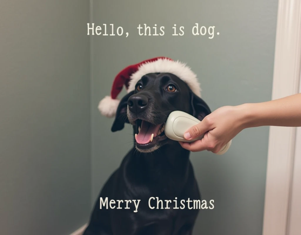 Put the word "Hello, this is dog." on top, and "Merry Christmas" at the bottom. Dog wears a Santa hat while talking on the phone. A hand holding the phone for the dog. 