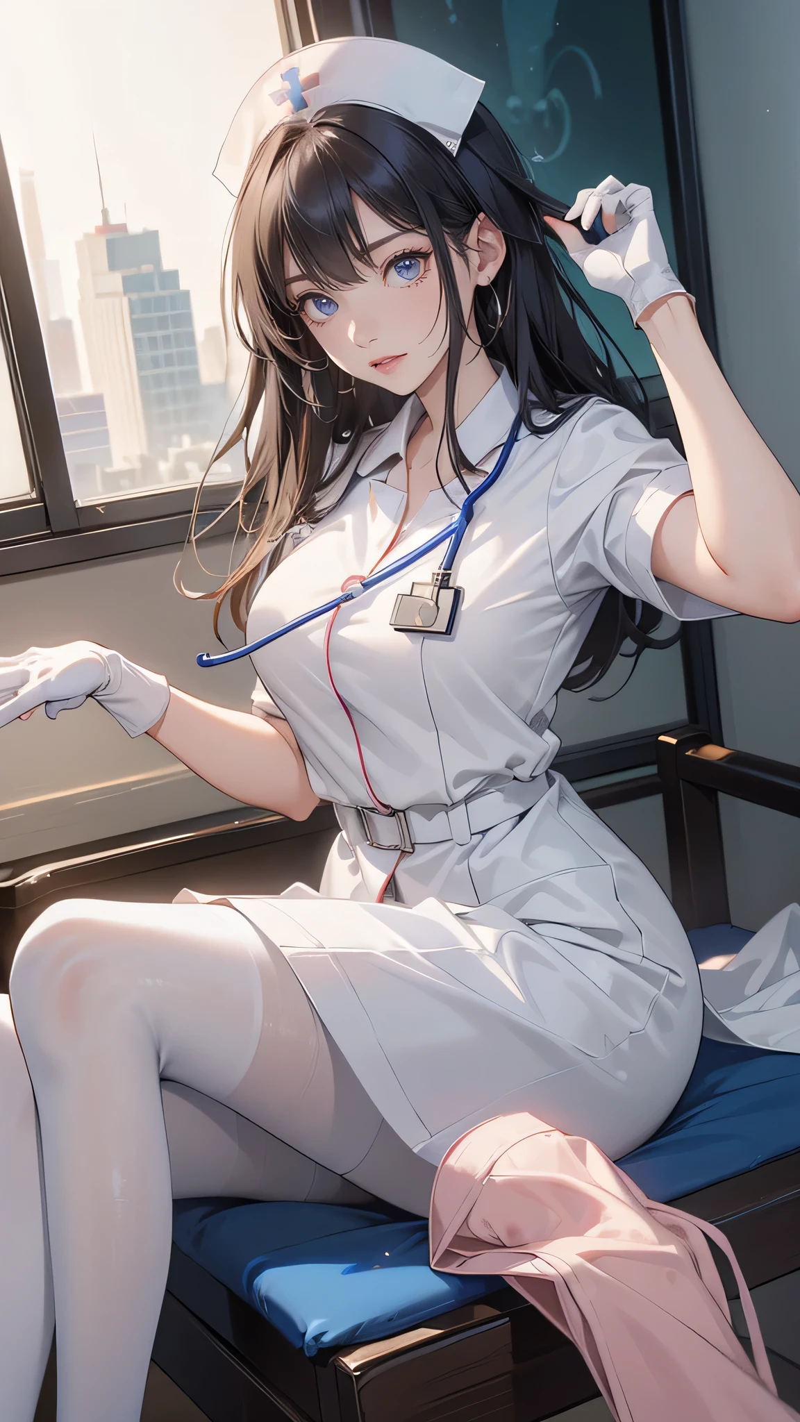 ((  Masterpiece , 最 High Quality ,  High Quality )), one girl,  Beautiful Mature Woman ,(hospital), clinic (nurse_uniform_length_3, Gloves, nurse cap, nurse,White pantyhose ,stethoscope ), Erotic , excited , small breast