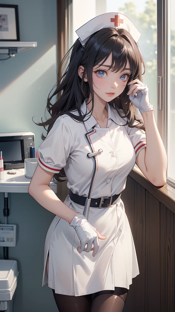 ((  Masterpiece , 最 High Quality ,  High Quality )), one girl,  Beautiful Mature Woman ,(hospital), clinic (nurse_uniform_length_3, Gloves, nurse cap, nurse,White pantyhose ,stethoscope ), Erotic , excited , small breast