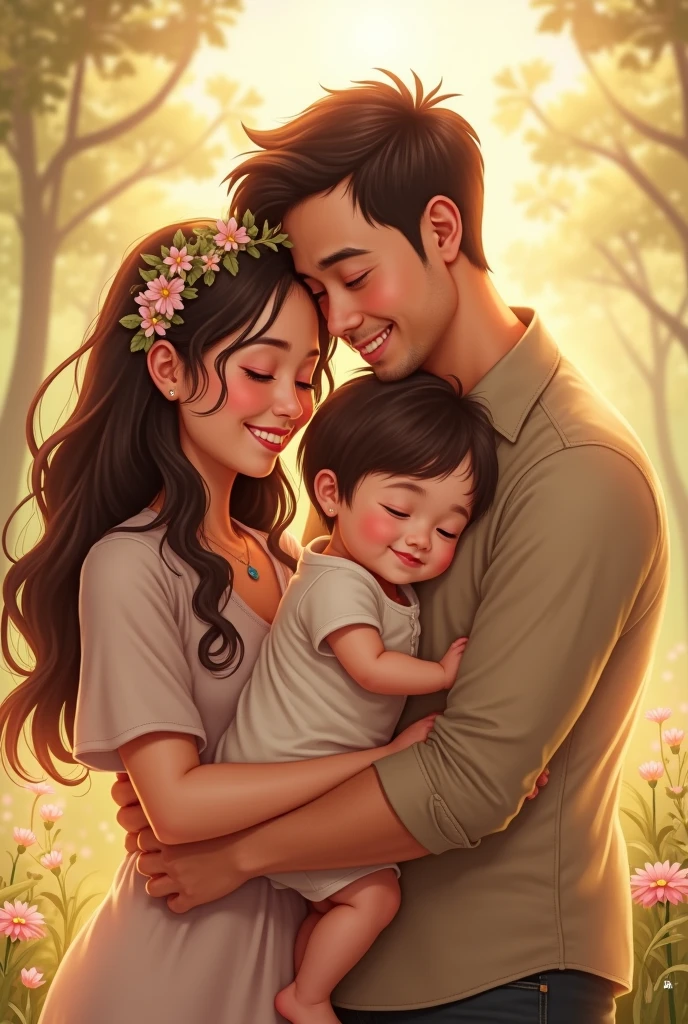 an image of a vietnamese family - a father, a mother, 1 baby, 1 tabby cat with the light shining on them, in the style of colorful prisma, erased and obscured, multiple flash, landscape orientation in dimention 768 x 432
